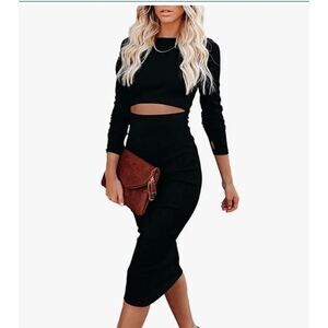Pink Queen Knit Crew Neck Long Sleeve Sexy Bodycon Cutout Midi Dresses- size M